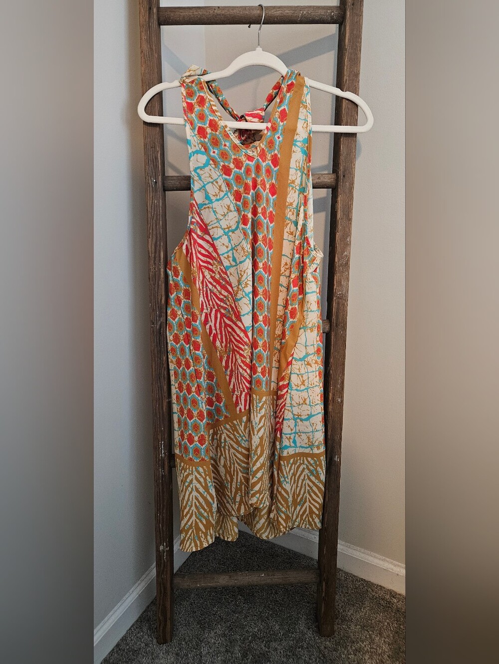 SHEIN Multicolor Printed Sleeveless Dress - Turquoise, Red & Mustard
